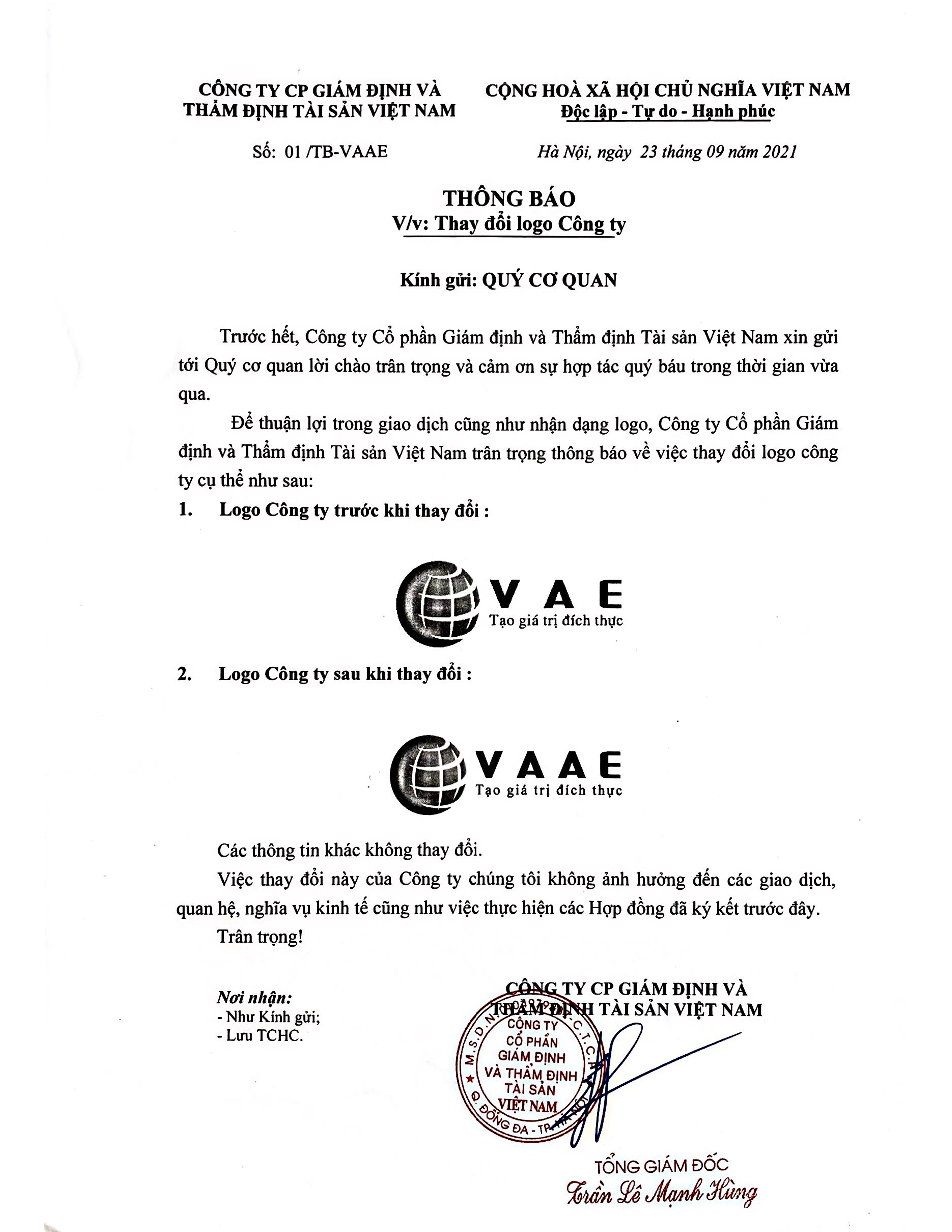 Thông báo về việc thay đổi "Tên viết tắt và Logo" của Công ty Cổ phần Giám định và Thẩm định Tài Sản Việt Nam